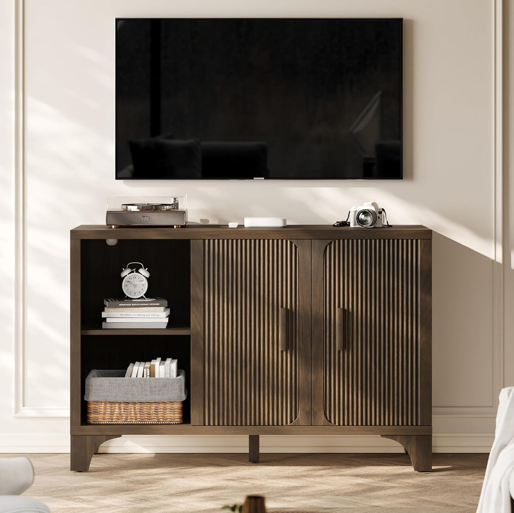 Mid Century Modern Fluted Buffet Cabinet with Storage, Accent Sideboard and Credenza Storage Cabinet with Doors, Wood Coffee Bar Console for Kitchen, Living Room (Walnut Brown, 47" 2-Door)