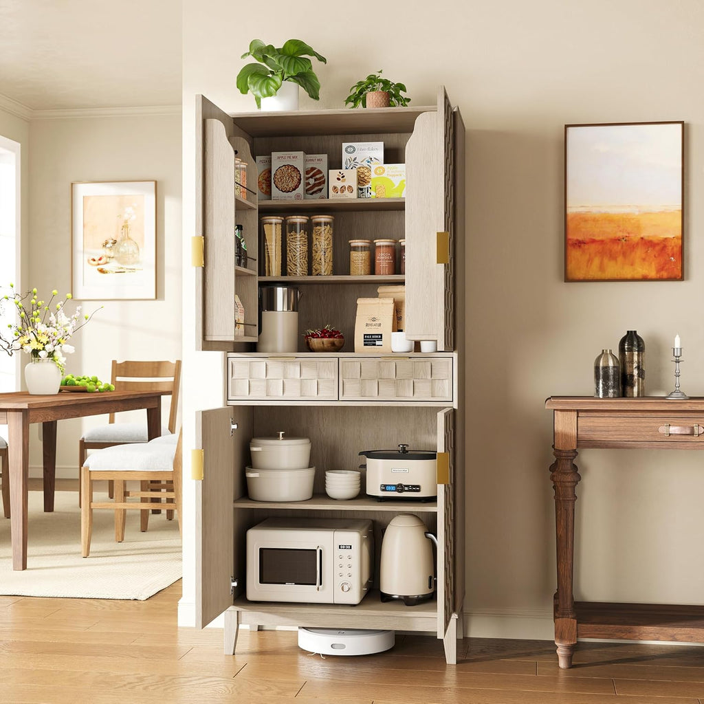 Pantry Cabinet, 71" Tall Pantry Cabinet,Modern Kitchen Cabinet with Doors, Drawers & Adjustable Shelves, Freestanding Food Pantry Cupboard with Side Rack for Kitchen Dining Room,Oak