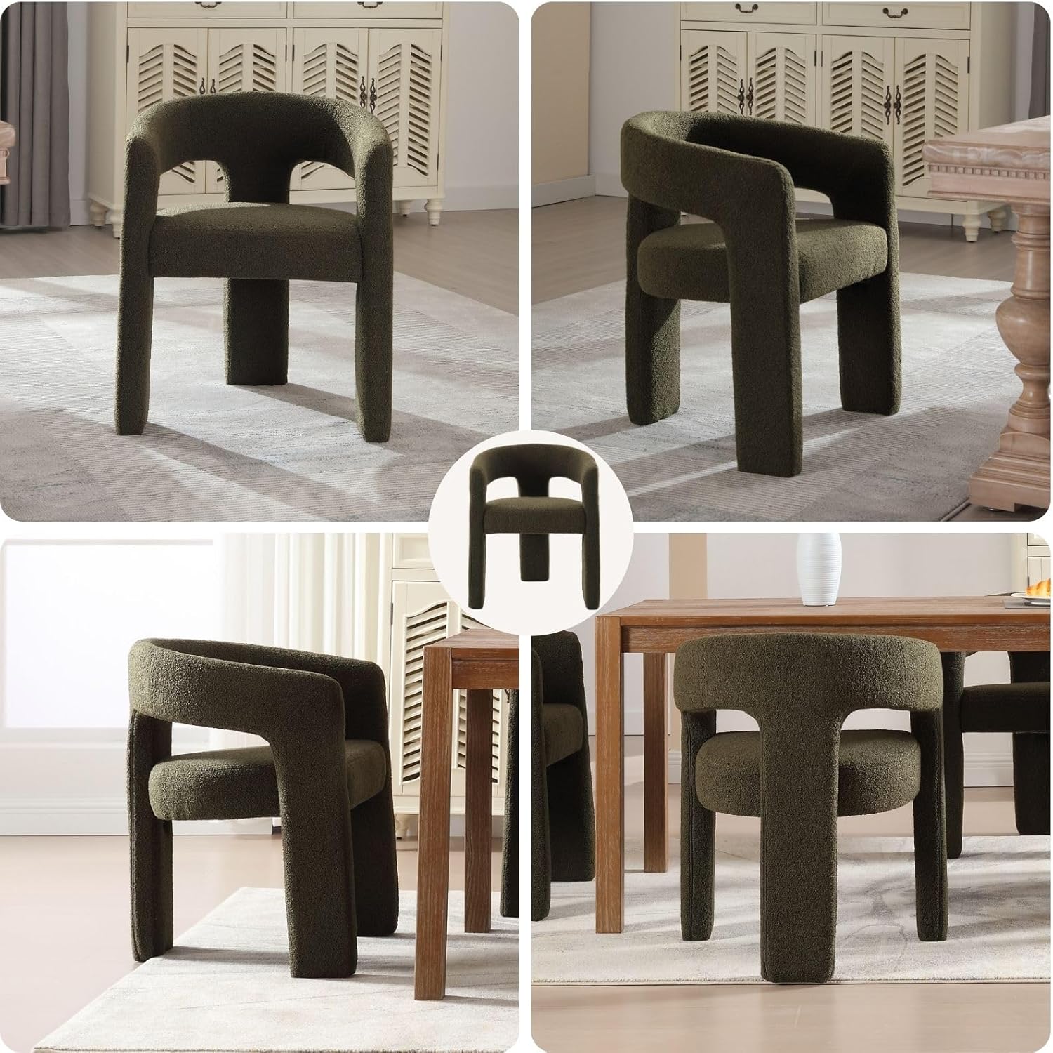 Green Sherpa Dining Chairs Set of 6, Modern Barrel Dining Room Chairs Upholstered Faux Fur Accent Chair with Arms and Round Back for Living Room Kitchen Armchair No Assembly Needed