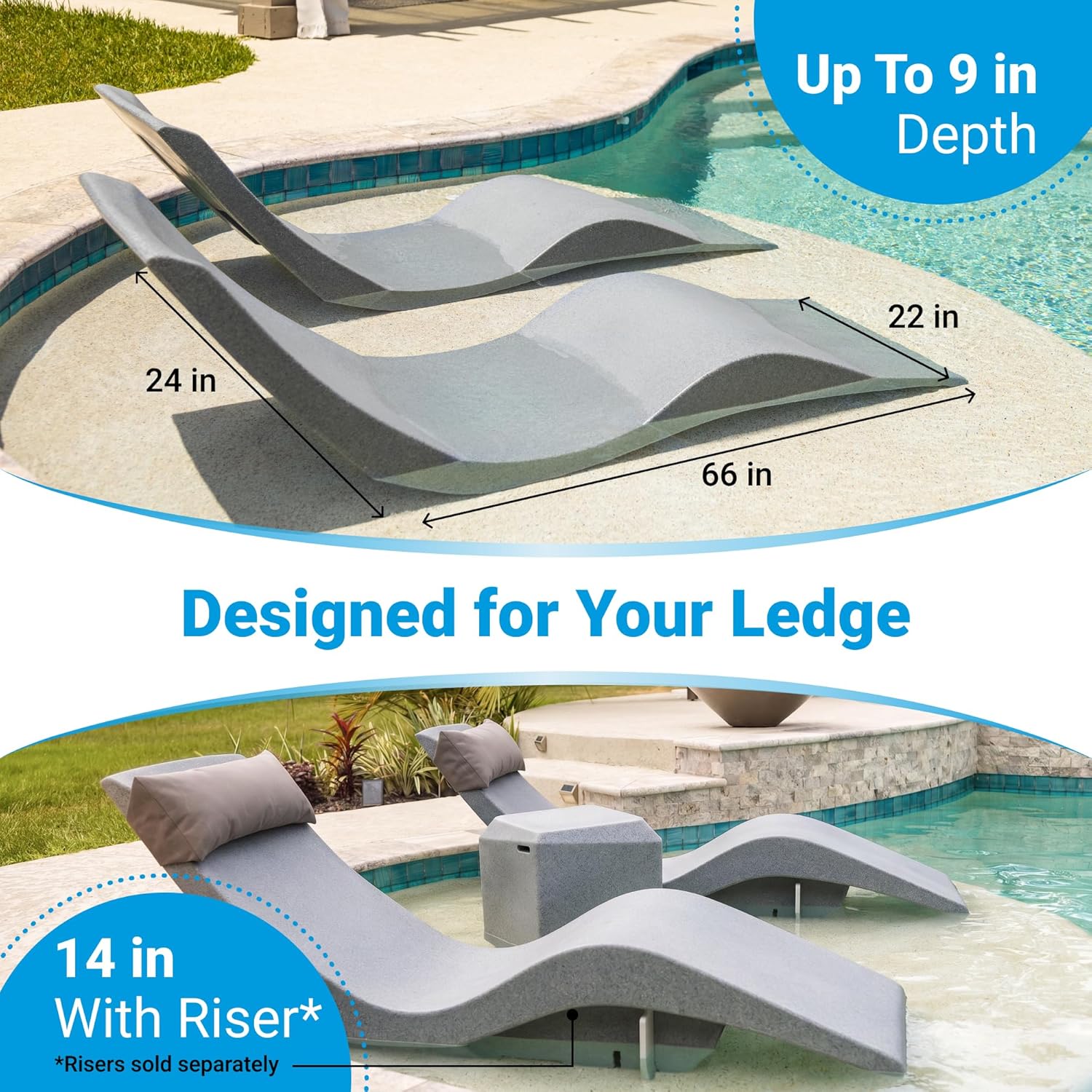 Aqua Outdoors Luxury in-Pool Chaise Lounge Chairs, 2-Pack for Tanning Ledge & Sun Shelf, Fits 9 Inch Water Depth, Heavy-Duty LDPE Water-Weighted Pool Loungers, UV-Resistant, Gray Granite.