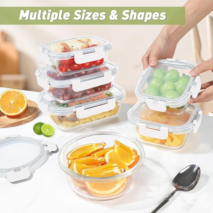 BAYZZ 24 Piece Glass Food Storage Containers with Lids, Airtight Glass Meal Prep Containers for Kitchen, BPA-Free Lunch Box, Microwave and Freezer Safe,White