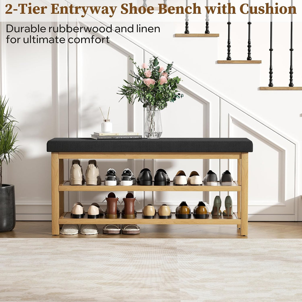 2 Tier Shoe Rack Bench with Cushion, Rubberwood Shoe Benches, Mid-Century Modern Shoe Storage Bench for Entryway, Hallway, Living Room, Closet, Front Door Entrance, Black