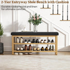 2 Tier Shoe Rack Bench with Cushion, Rubberwood Shoe Benches, Mid-Century Modern Shoe Storage Bench for Entryway, Hallway, Living Room, Closet, Front Door Entrance, Black