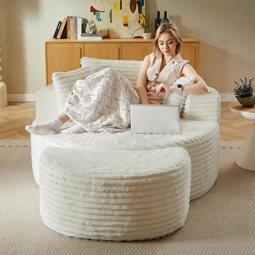 74.6" Oversized Round Chaise Lounge Chair with Ottoman Indoor, Fluffy Upholstered Corduroy Deep Seat Large Floor Circle Couch Sofa Chairs for Living Room, Bedroom, No Assembly Required, White