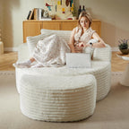 74.6" Oversized Round Chaise Lounge Chair with Ottoman Indoor, Fluffy Upholstered Corduroy Deep Seat Large Floor Circle Couch Sofa Chairs for Living Room, Bedroom, No Assembly Required, White