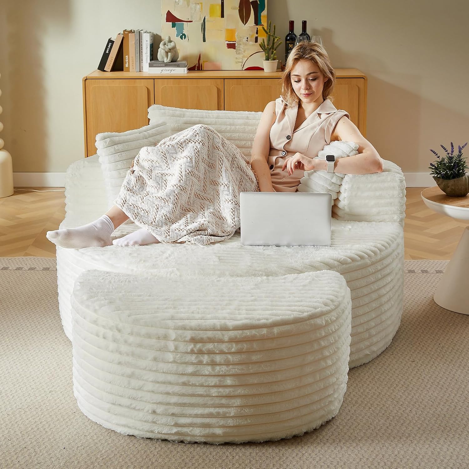74.6" Oversized Round Chaise Lounge Chair with Ottoman Indoor, Fluffy Upholstered Corduroy Deep Seat Large Floor Circle Couch Sofa Chairs for Living Room, Bedroom, No Assembly Required, White