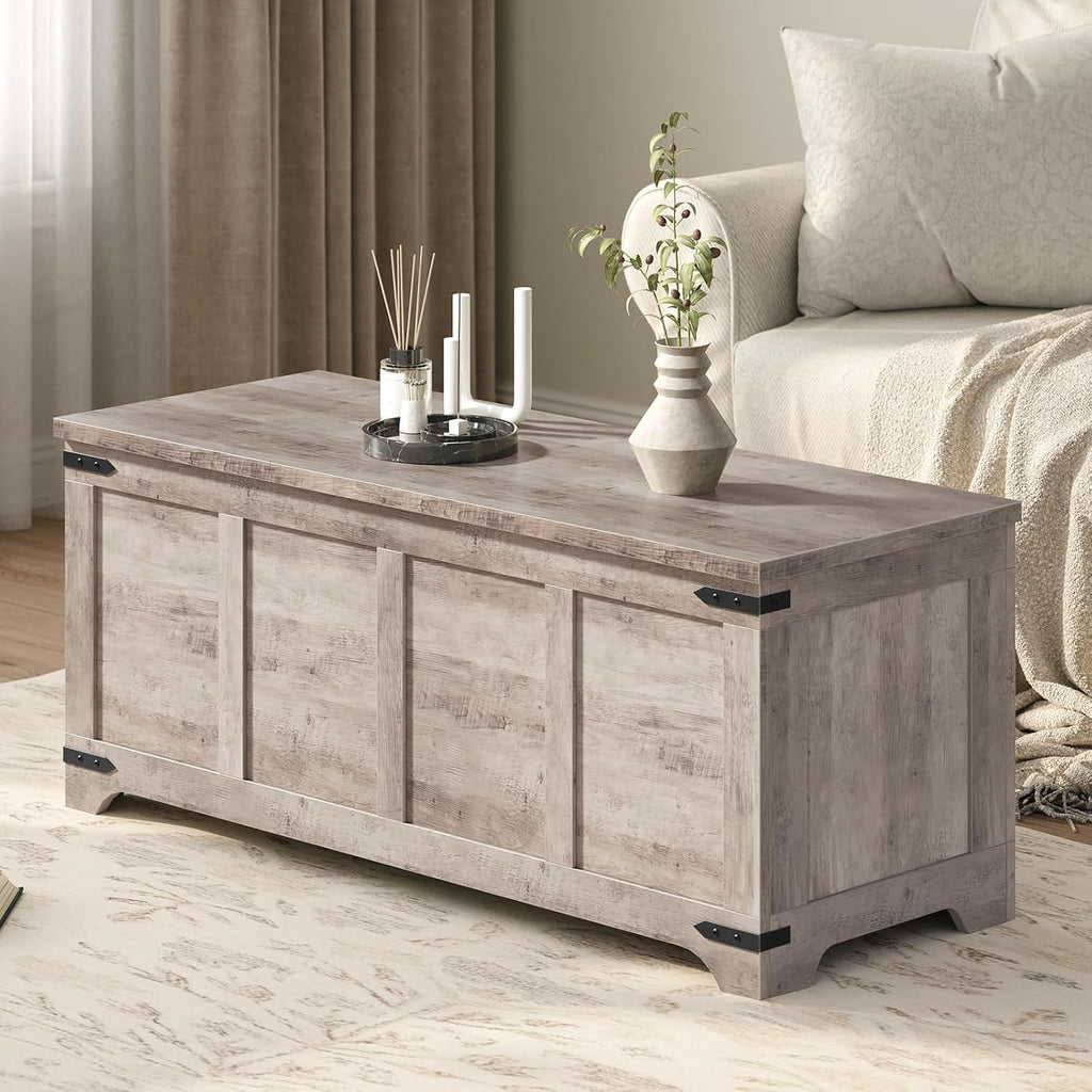 MAHANCRIS 47.2" Storage Chest Extra Large, Wooden Storage Bench with 2 Safety Hinges, Entryway Shoe Bench, 47.2x15.7x19.7 Inch, Easy Assembly, Storage Trunk for Living Room, Bedroom, Greige SCHG4901