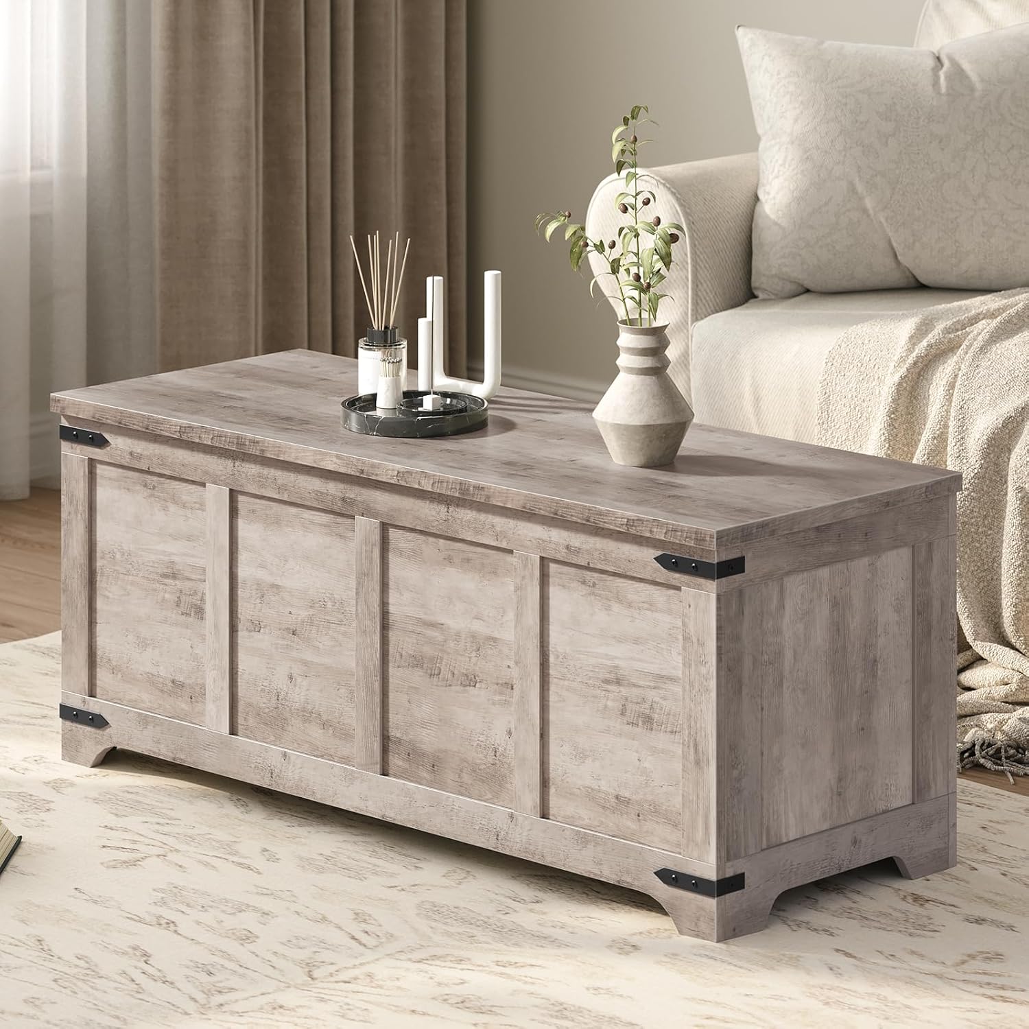 MAHANCRIS 47.2" Storage Chest Extra Large, Wooden Storage Bench with 2 Safety Hinges, Entryway Shoe Bench, 47.2x15.7x19.7 Inch, Easy Assembly, Storage Trunk for Living Room, Bedroom, Greige SCHG4901