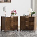 Fluted Nightstands Set of 2, 23.7'' Wide Night Stand with 3 Drawers, Mid-Century Modern Bedside Table with Handles, Wood End Table for Bedroom, Walnut