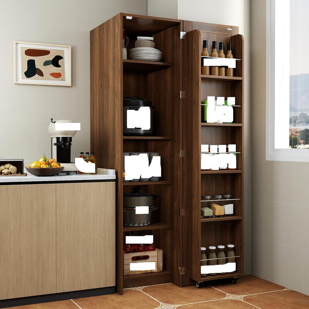 Brown Freestanding Kitchen Pantry Cabinet with Doors & Shelves - 5-Tier Storage Cupboard & Sideboard Buffet with Adjustable Shelves, Wood Grain Pantry Organizer for Kitchen, Dining Room, Living Room