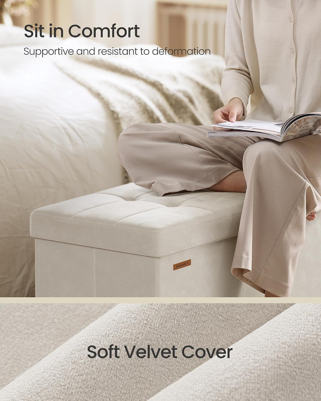 SONGMICS Storage Ottoman Bench with Legs, 43.3 Inches, 30 Gal. (112 L) | Bench with Legs, Velvet, for Living Room, Entryway, Cappuccino Beige and Ink Black, MELISA Collection ULSF0518W02