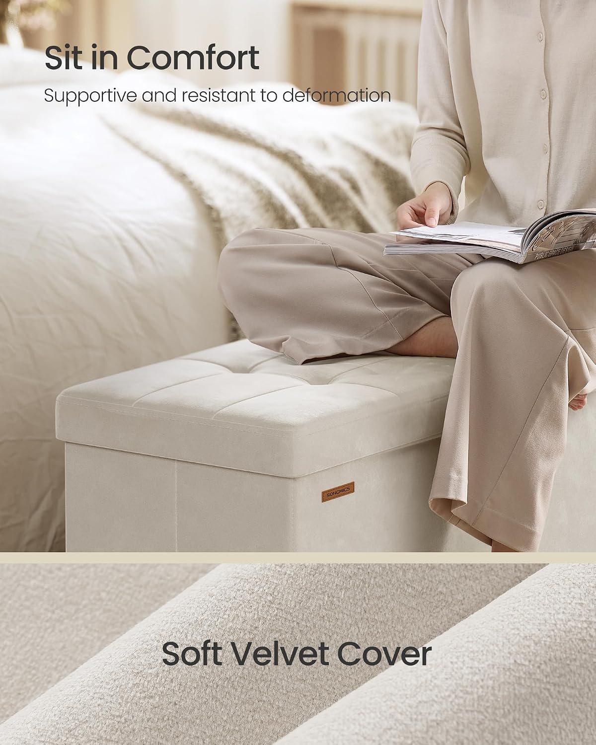 SONGMICS Storage Ottoman Bench with Legs, 43.3 Inches, 30 Gal. (112 L) | Bench with Legs, Velvet, for Living Room, Entryway, Cappuccino Beige and Ink Black, MELISA Collection ULSF0518W02