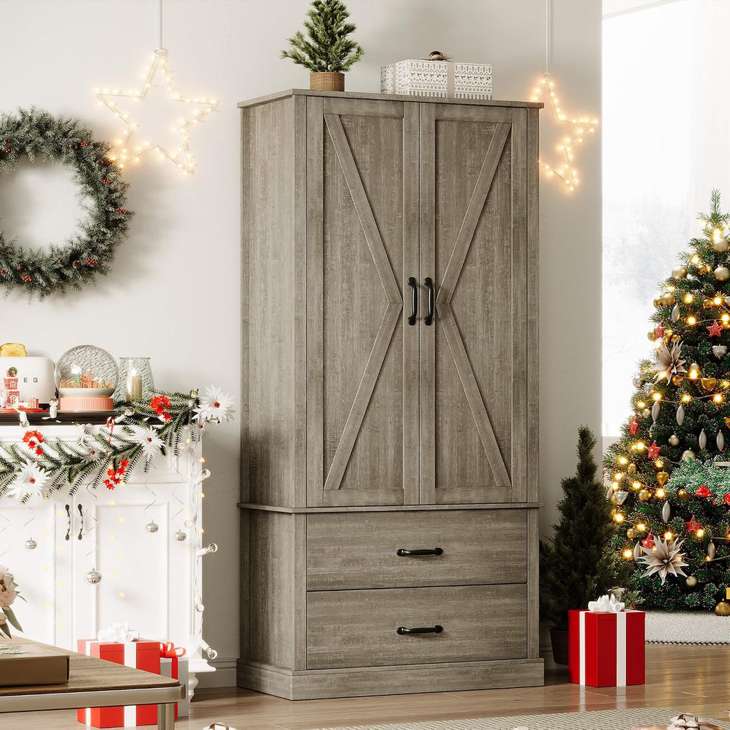 Farmhouse Kitchen Pantry Cabinet with Classic Barn Doors – Freestanding Storage Cabinet with Adjustable Shelves & 2 Large Drawers, Versatile Kitchen Cupboard for Dining Room, Grey