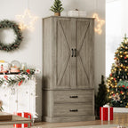 Farmhouse Kitchen Pantry Cabinet with Classic Barn Doors – Freestanding Storage Cabinet with Adjustable Shelves & 2 Large Drawers, Versatile Kitchen Cupboard for Dining Room, Grey