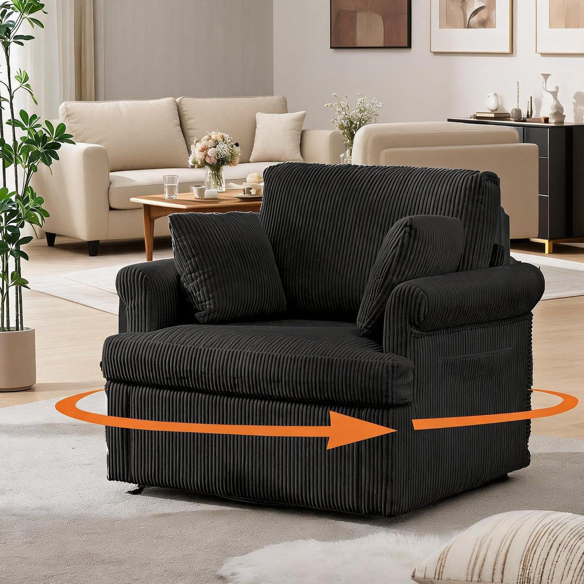 Garvee 39" Modern 360 °Swivel Accent Chair,Large Corduroy Accent Chairs with 2 Pillows,Comfy Upholstered Round Armchair Single Sofa for Living Room,Bedroom,Office,Reading,Black