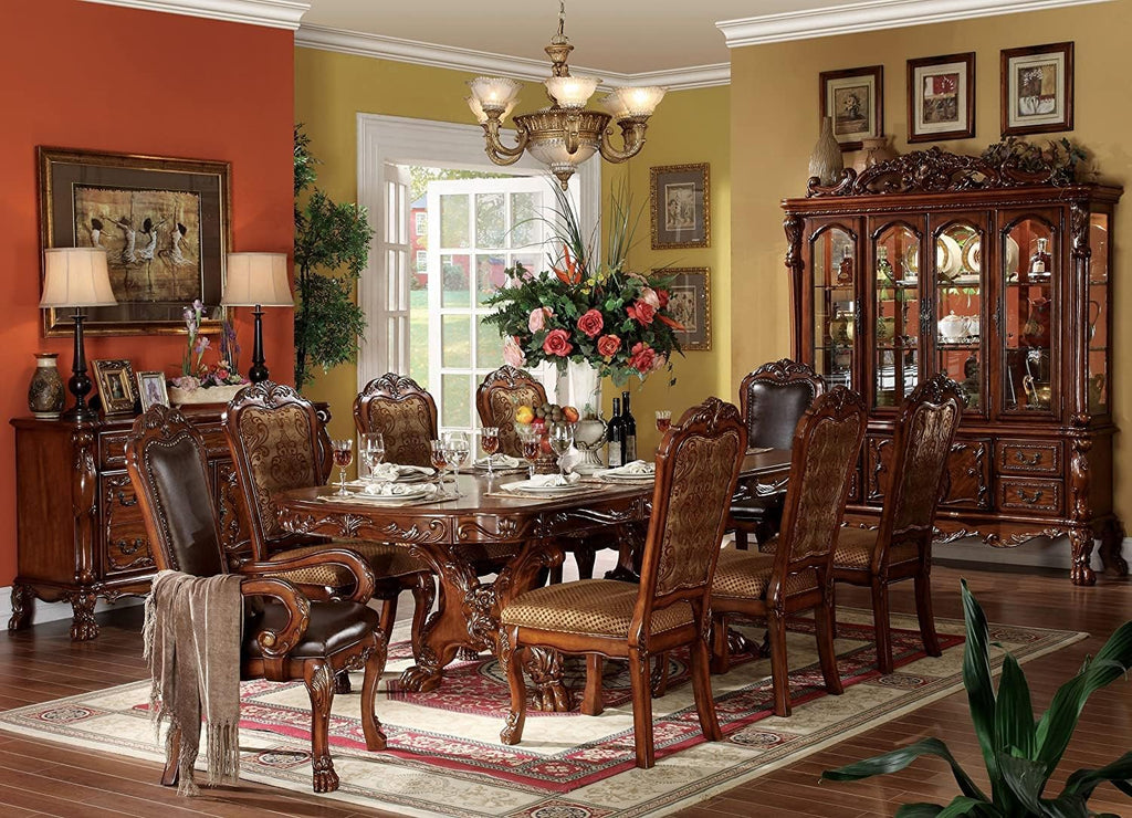 Traditional Kitchen Furniture Set 9pc Formal Dining Table Set Include 1 Extendable Pedestal Table and 8 Upholstered Chairs, 8-Person Solid Wood Extendable Dining Set (Cherry A)