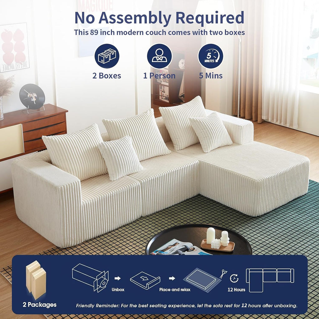 102" L Shaped Convertible Couch in a Box for Living Room Beige | Zero-assembly cloud couch with high-density memory foam for pressure-relieving, frame-free comfort.