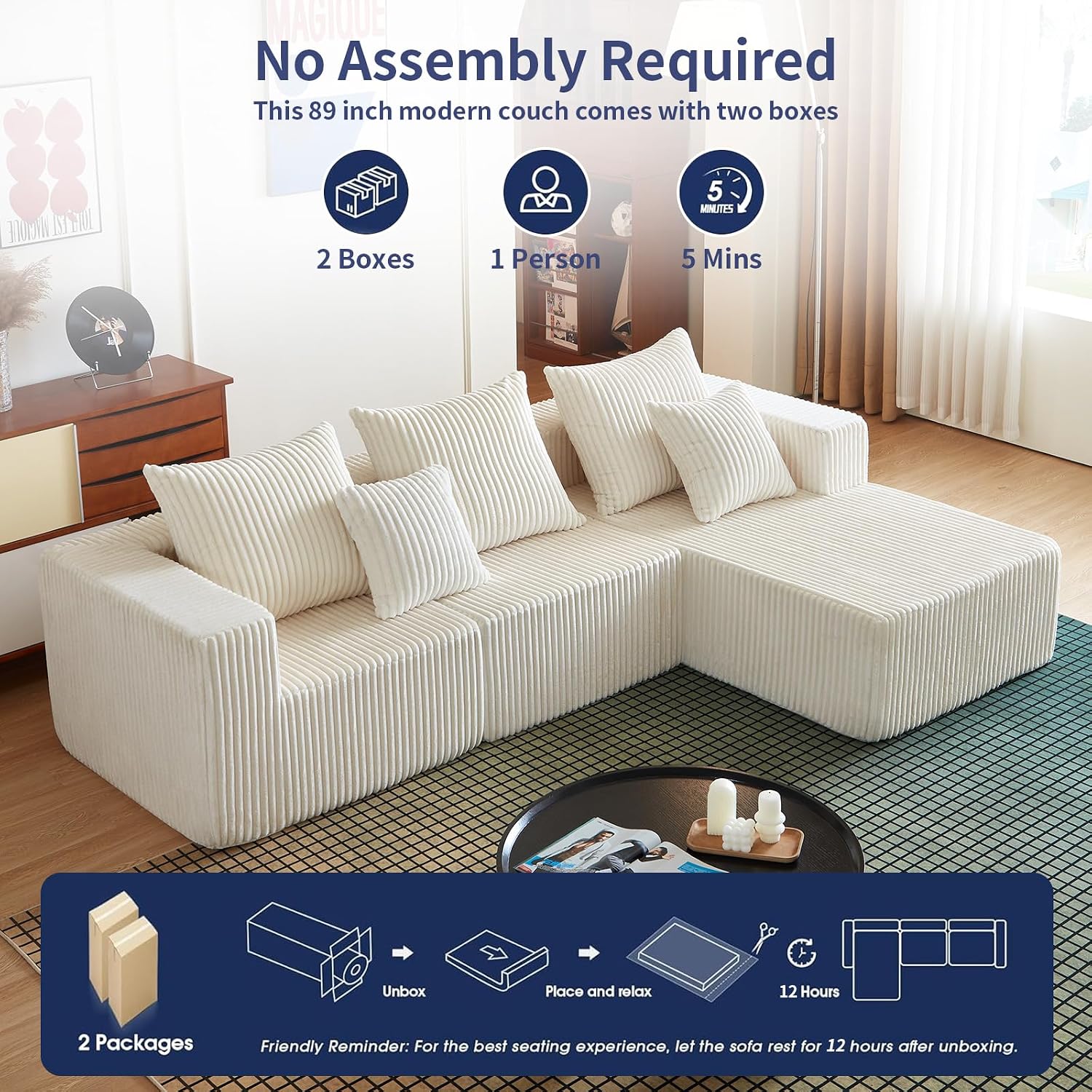 102" L Shaped Convertible Couch in a Box for Living Room Beige | Zero-assembly cloud couch with high-density memory foam for pressure-relieving, frame-free comfort.