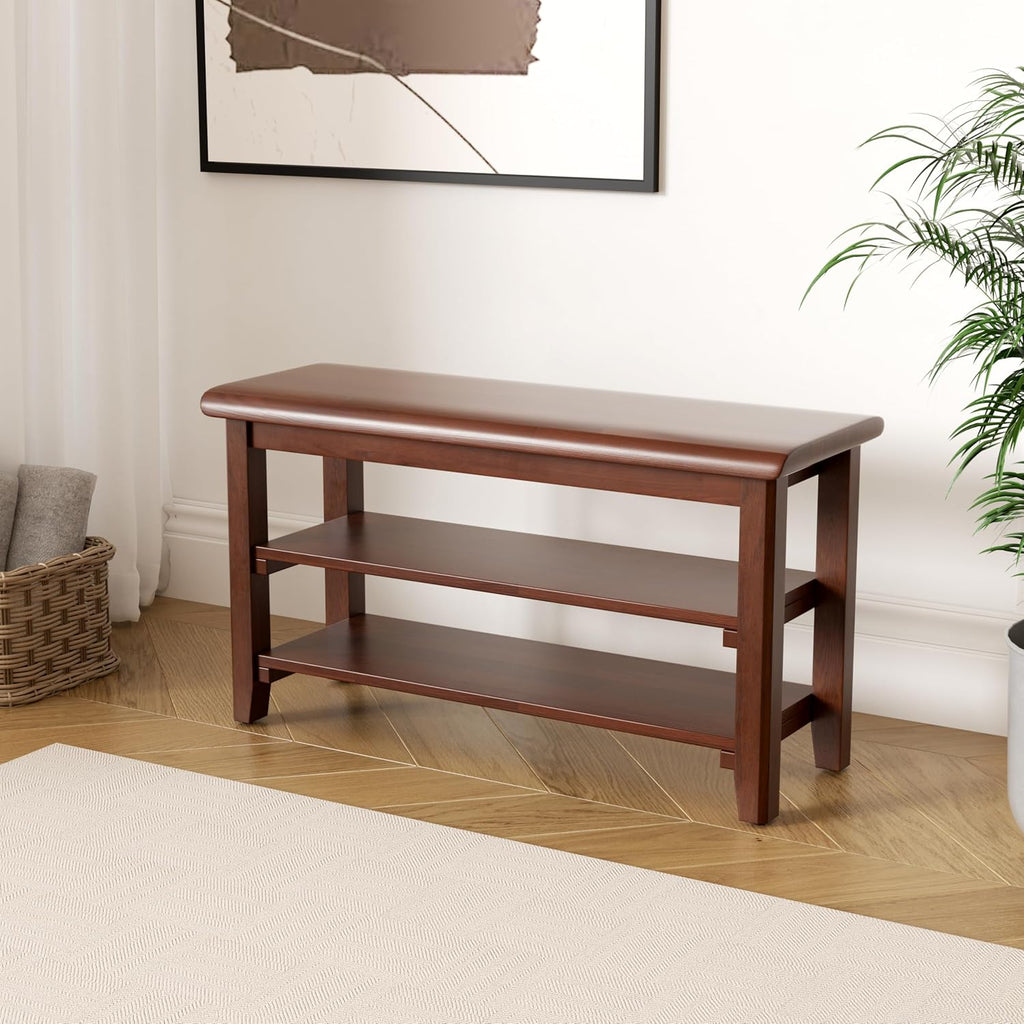 SShoe Rack Bench Mid Century Modern 2-Tier Shoe Rack Organizer for Entryway Hallway or Living Room Farmhouse Rustic Wooden Seat Bench Brown 11.8" Dx31.5 Wx16.5 H