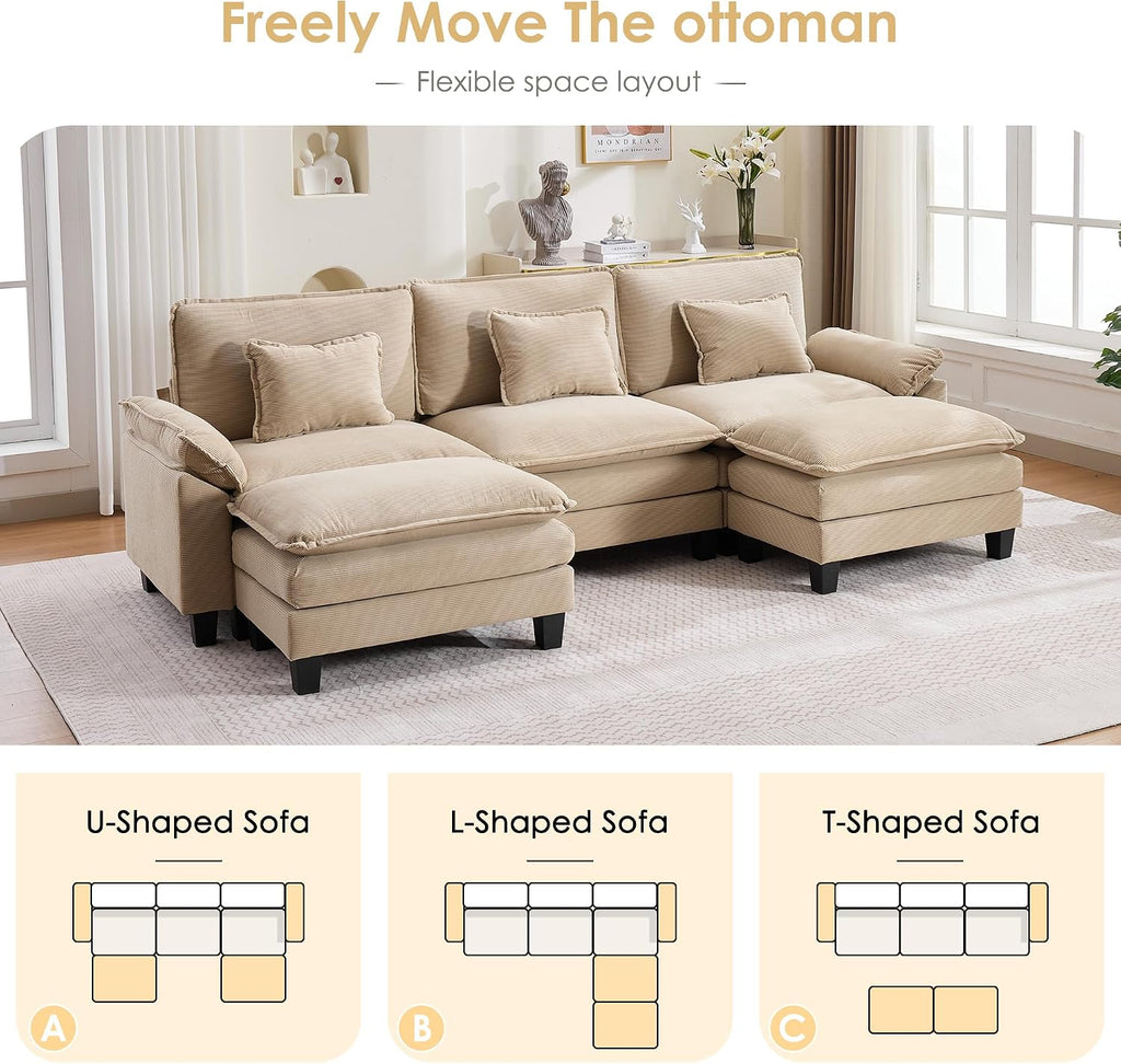 URRED Oversized Modular Sectional Sofa，Solid Khaki：122" U Shaped | Modern Comfy Cloud Couch with Movable Ottoman and Pillow, Deep Seat Couches for Living Room, Bedroom or Apartment