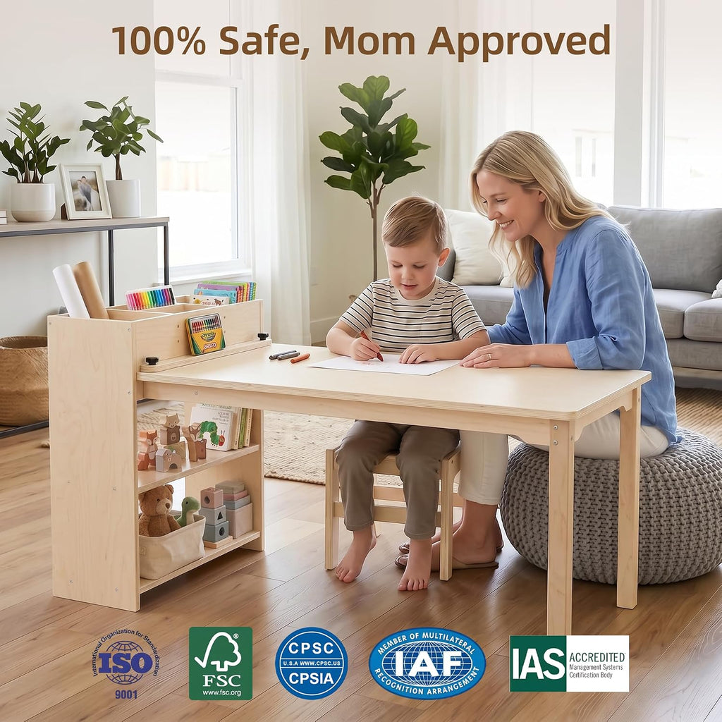 Kids Table and Chair Set, Wooden Toddler Activity Table with Storage Cabinet, Birch Art Desk for Drawing, Crafts, Reading and Games, 1 Chair Included