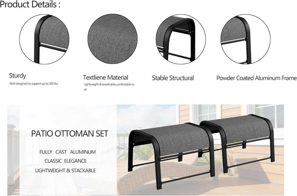 Outdoor Footstool Ottoman with Sturdy Metal Frame & Breathable Textilene Fabric, All-Weather Portable Footrest for Patio, Lawn, Garden, Poolside, Balcony, Camping, Porch & Indoor Use (2, Black)