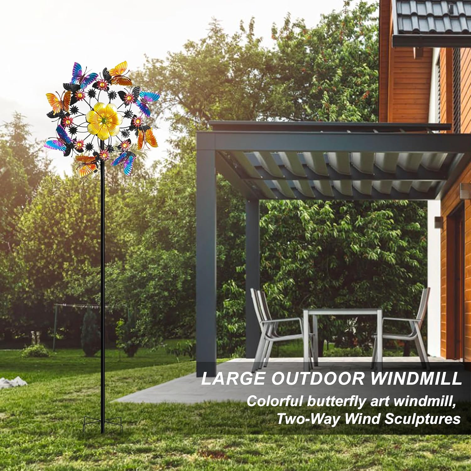 Double Blade Butterfly Wind Spinners, Outdoor Garden 360° Swivel Spinners 50 inch Garden Stakes Decor, Metal Flower Pinwheels for Yard and Lawn
