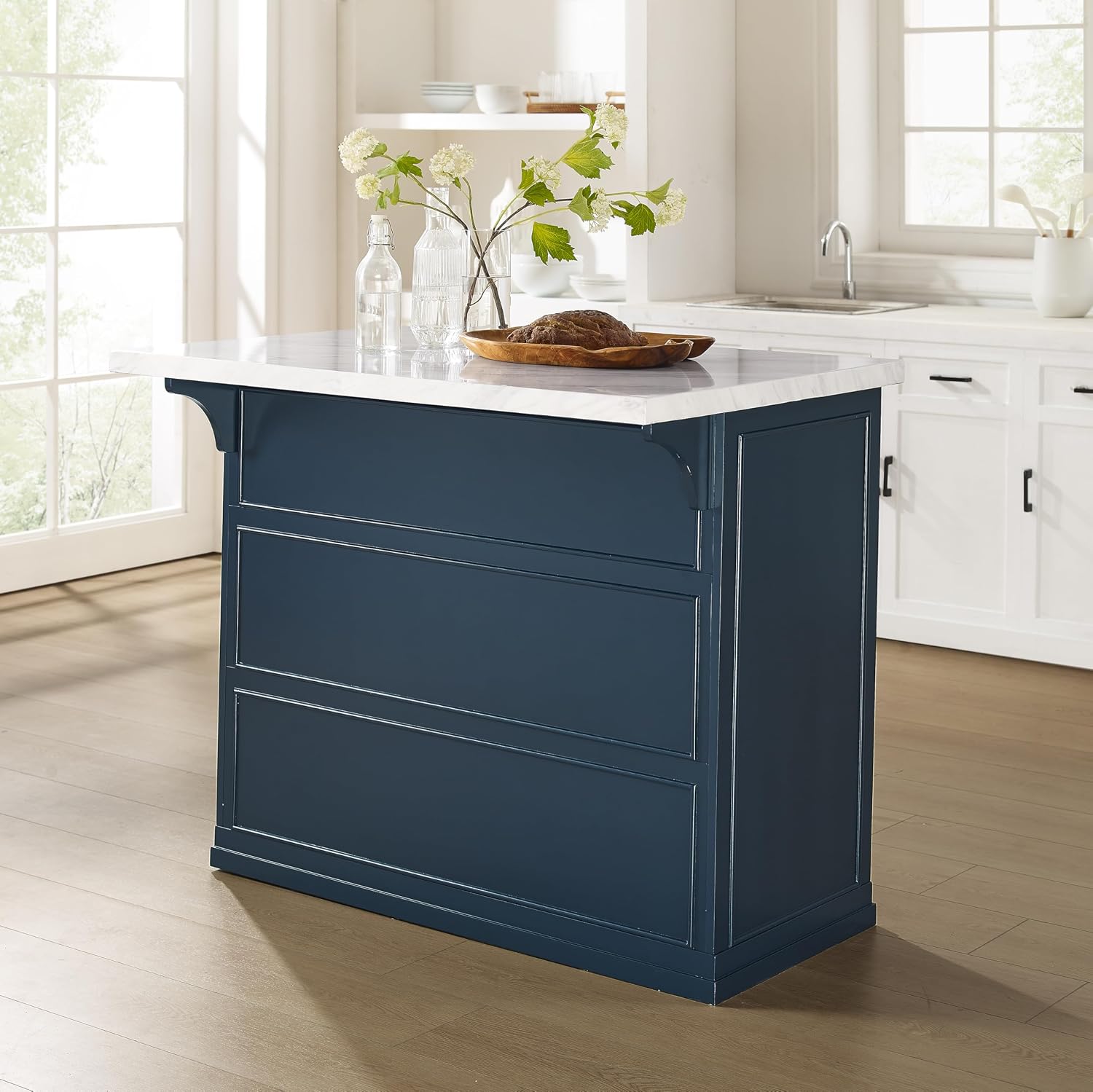 Crosley Furniture Cutler Faux Marble Top Kitchen Island with Storage, Breakfast Bar, Microwave Stand, Navy