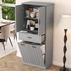 Merax 65.8" Pantry Cabinet with Two Doors & One Drawer & Two Laundry Hampers, Adjustable Shelves Storage Cupboard for Kitchen/Dining Room/Bathroom, Gray