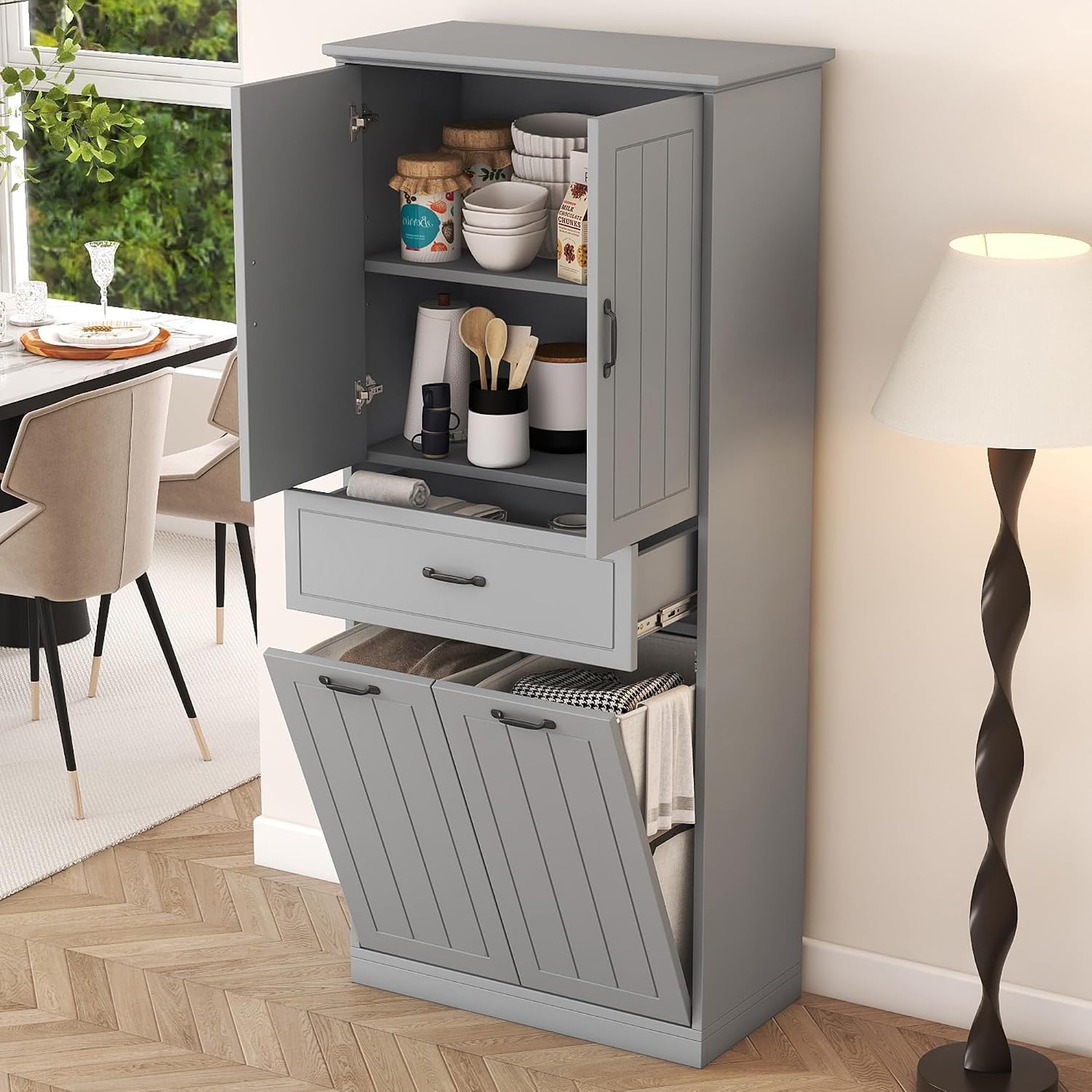 Merax 65.8" Pantry Cabinet with Two Doors & One Drawer & Two Laundry Hampers, Adjustable Shelves Storage Cupboard for Kitchen/Dining Room/Bathroom, Gray