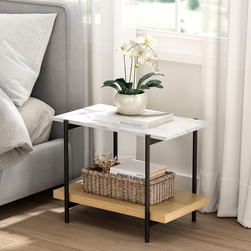 End Table with 2 Tier Wood Open Shelf, Rectangular Sofa Side Table with Metal Frame and Faux Marble, Bedside Nightstand for Bedroom Living Room Small Space, Natural Oak