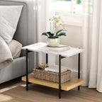 End Table with 2 Tier Wood Open Shelf, Rectangular Sofa Side Table with Metal Frame and Faux Marble, Bedside Nightstand for Bedroom Living Room Small Space, Natural Oak