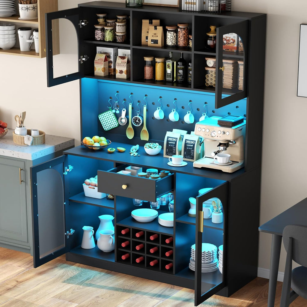 72'' Tall Kitchen Pantry Storage Cabinet with Led Light - Black Pantry Cabinet with Storage Drawers & Pegboard, Kitchen Hutches Cabinets with Wine Racks & Glass Door, Wine Bar Cabinet for Living Room