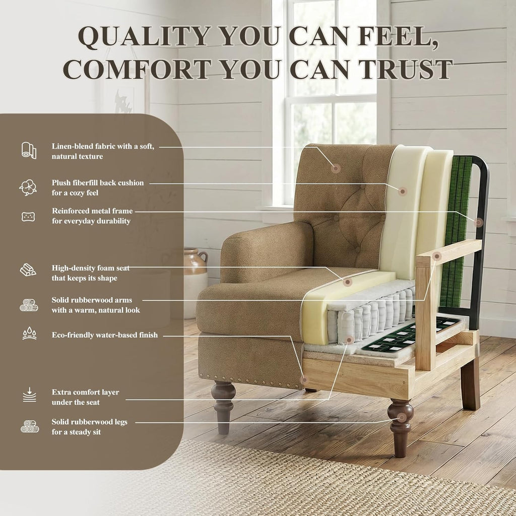 MALOL Upholstered Accent Chair Set of 2, Comfy Reading Chair for Living Room, Mid Century Modern Armchair with Thick Cushion & Solid Rubberwood Legs, for Bedroom/Small Spaces, Brown