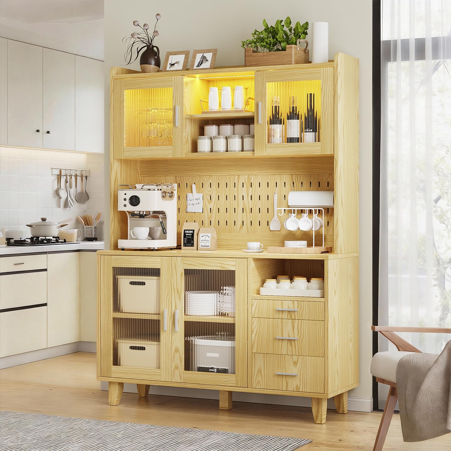 FUXA Modern Farmhouse Kitchen Pantry Cabinet with Charging Station, 71" Tall Storage Cabinet with LED Light, Microwave Stand and Drawers, Buffet Hutch for Living Room, Dining Room, Natural Wood