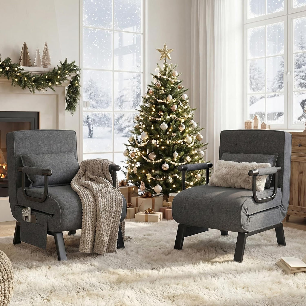 TYBOATLE Sleep Chair Bed Set of 2, Comfy Convertible Sleeper Chairs for Adults, Folding Sofa Bed with Adjustable Backrest & Side Pockets & Pillow, Cozy Small Couch for Small Spaces, Office (Dark Grey)