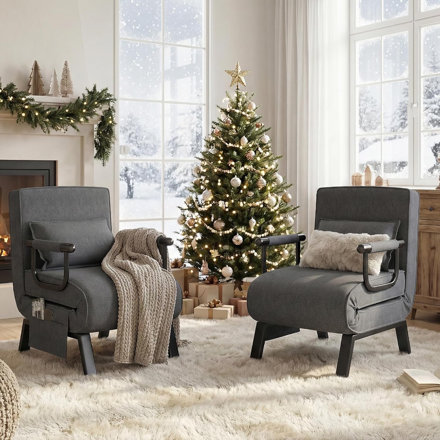 TYBOATLE Sleep Chair Bed Set of 2, Comfy Convertible Sleeper Chairs for Adults, Folding Sofa Bed with Adjustable Backrest & Side Pockets & Pillow, Cozy Small Couch for Small Spaces, Office (Dark Grey)