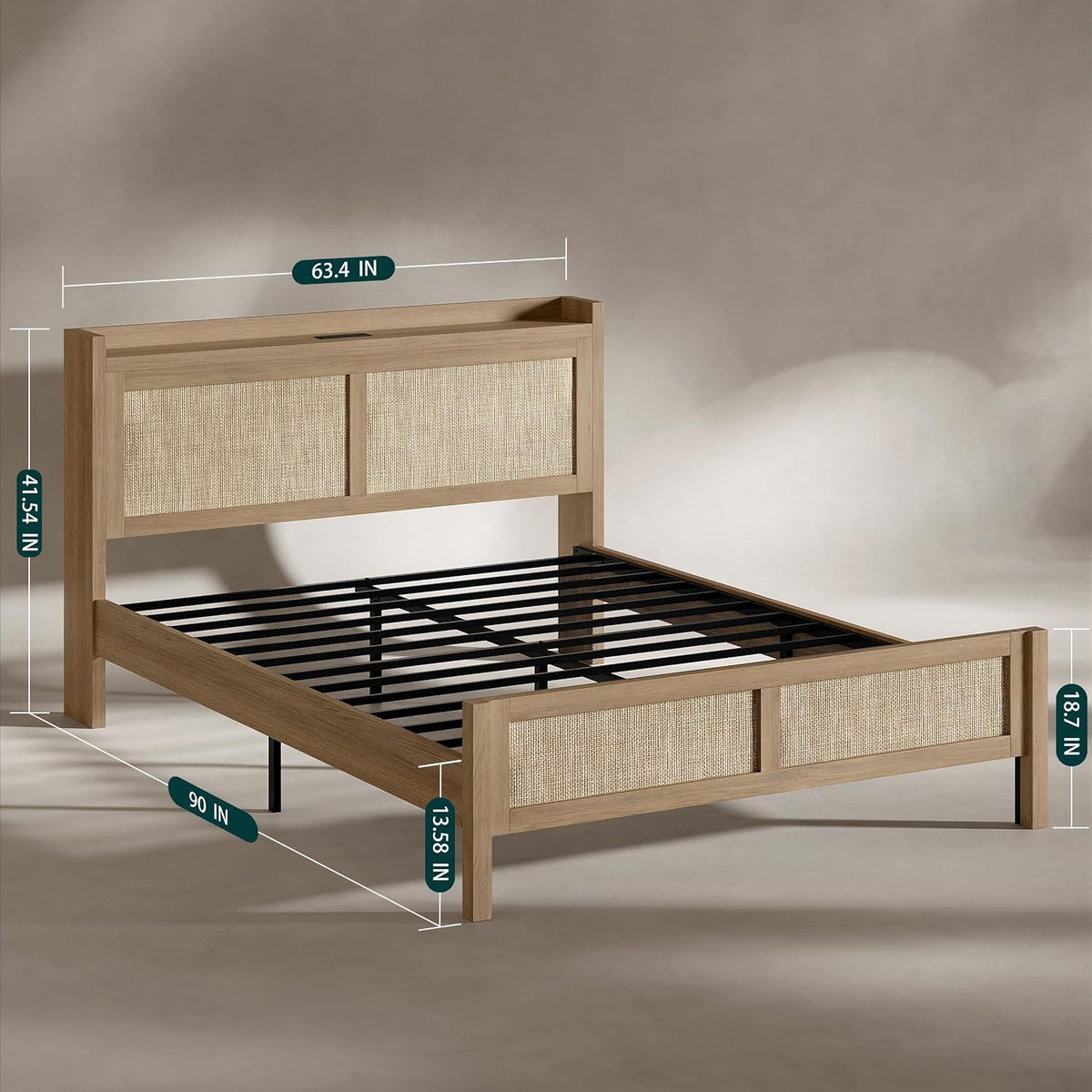 Evermagin Rattan Bed Frame Queen Size with Woven Headboard, Natural Oak