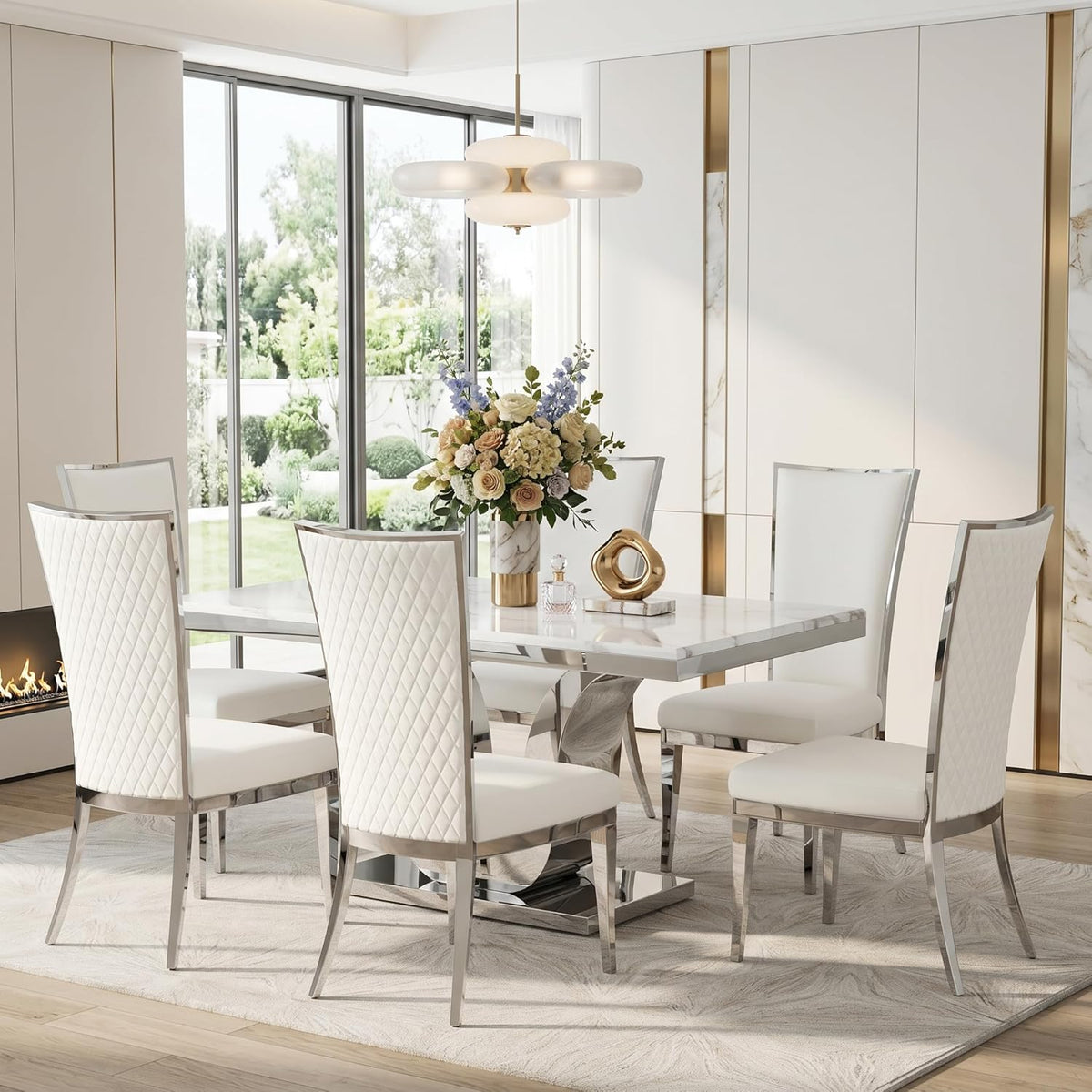 AUZ White and Silver Dining Chairs, Modern Velvet Upholstered Dining Room Chairs with High Back and Mirrored Metal Legs for Restaurant Kitchen, Set of 2