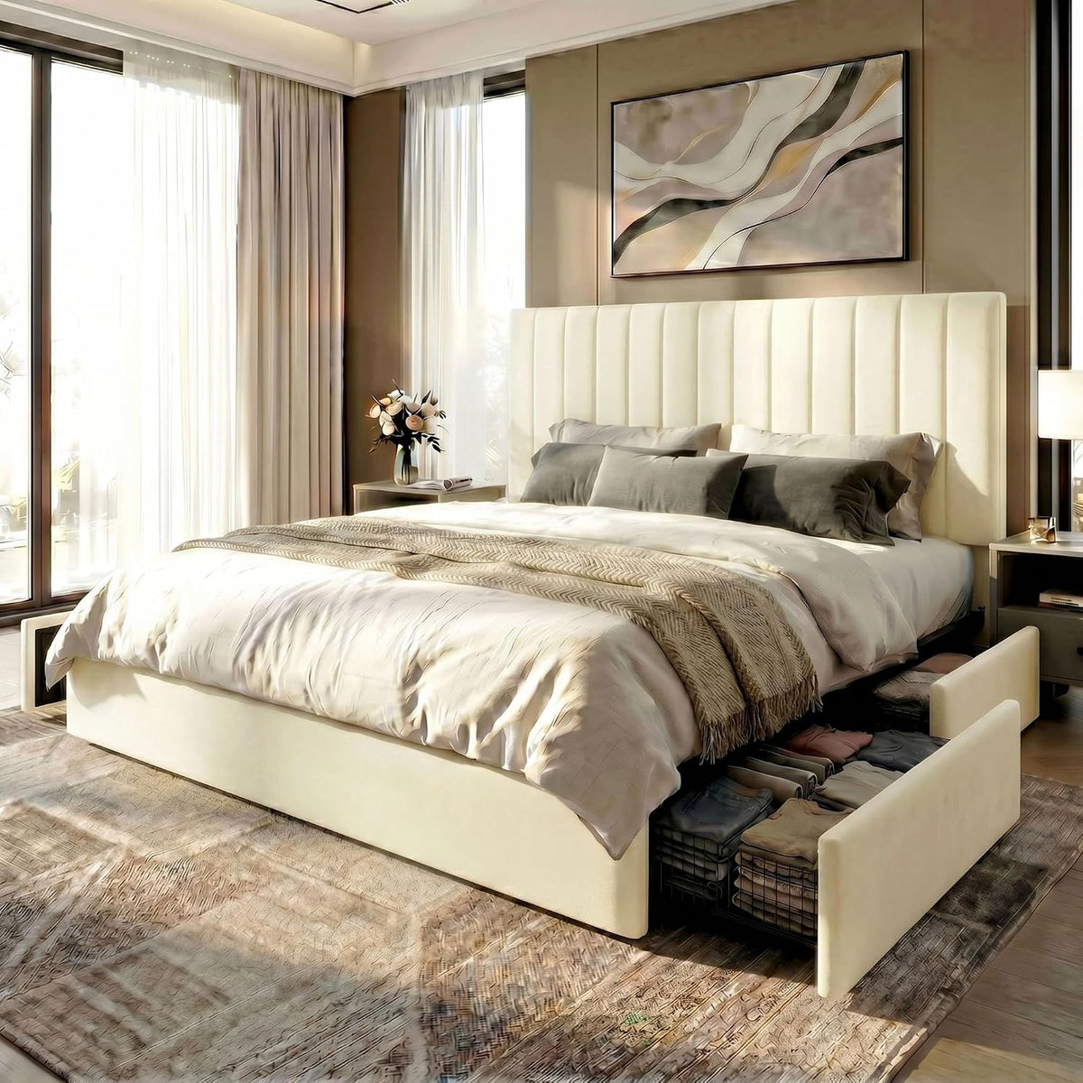 SHA CERLIN King Size Platform Bed Frame with 4 Storage Drawers