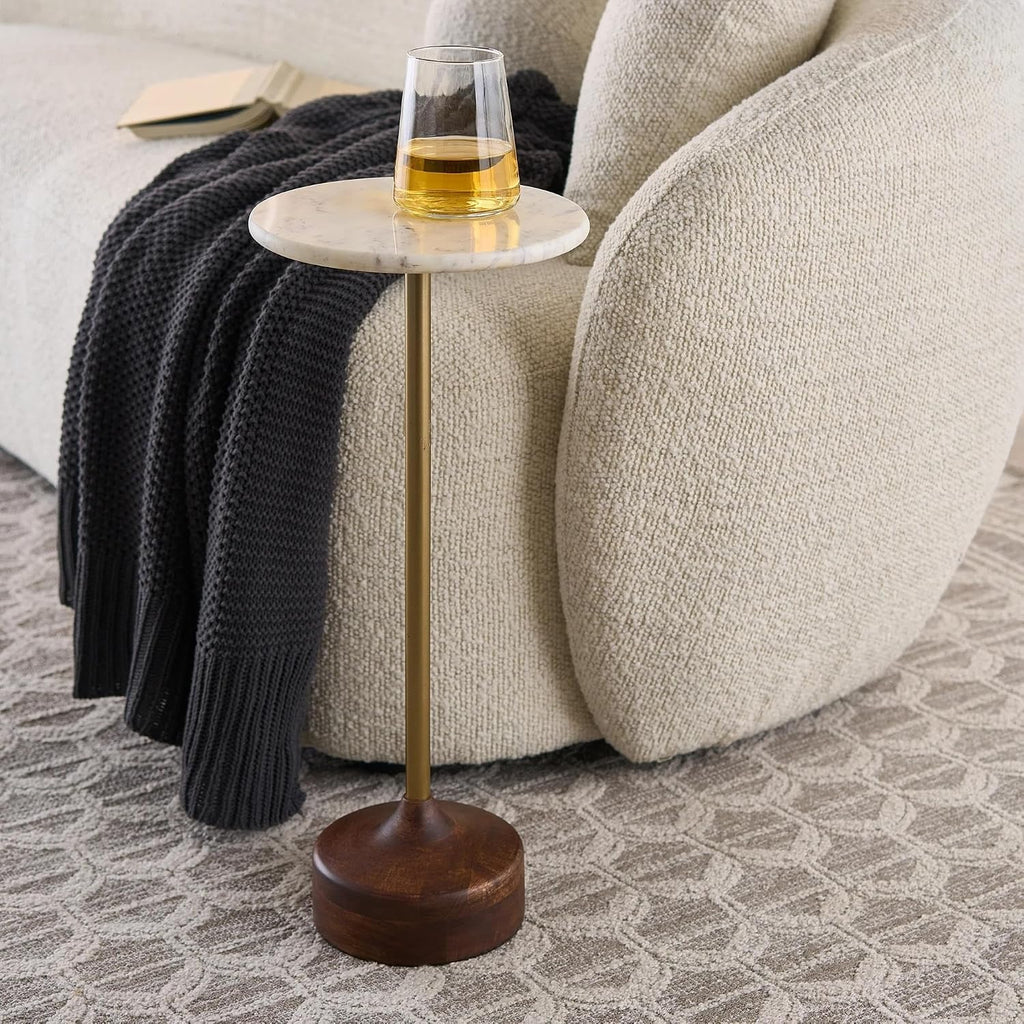Round Accent Drink Table, Crafted with Genuine Marble Tabletop, Brass Support Frame and Solid Wood Base with Ready-to-Use Design(Single-White)