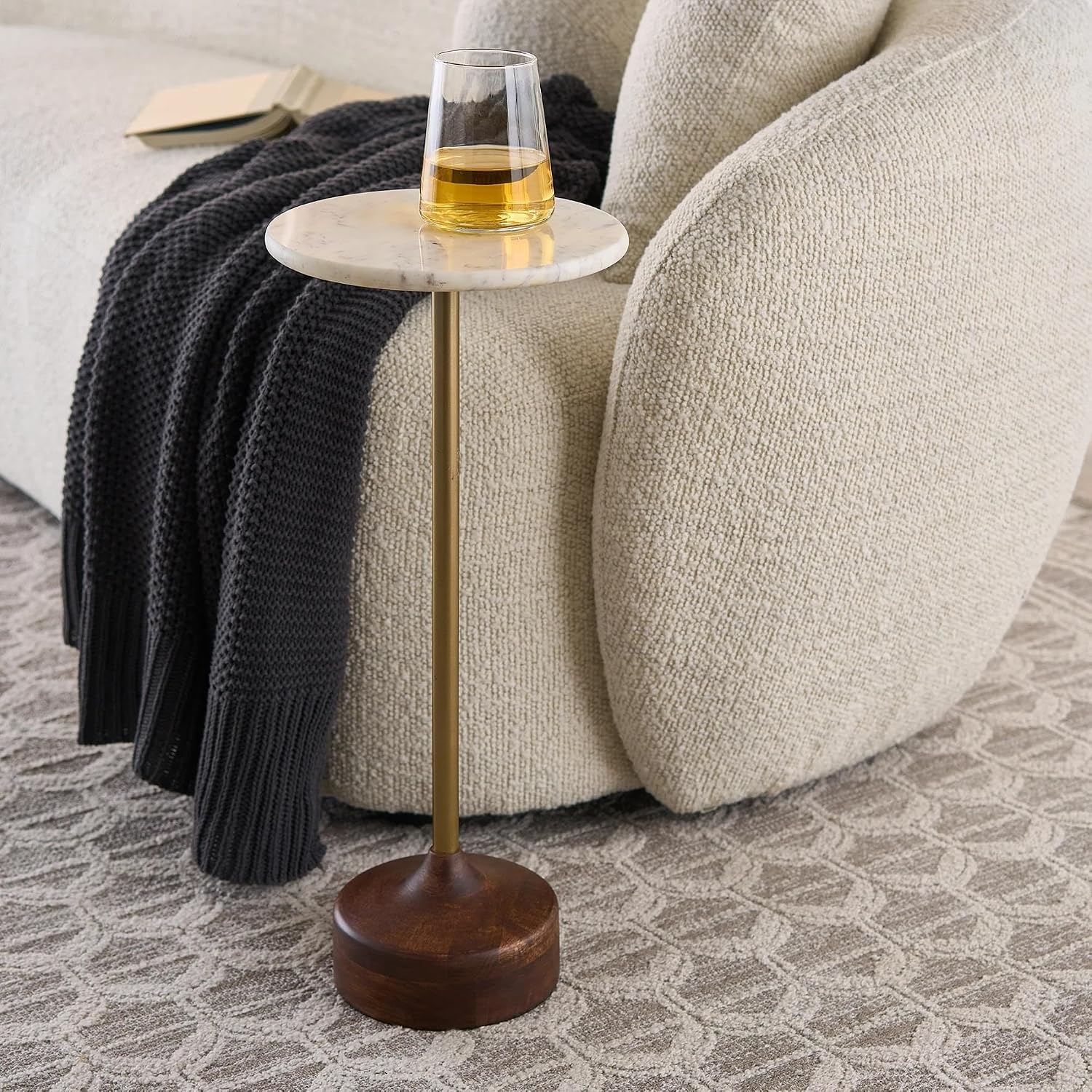 Round Accent Drink Table, Crafted with Genuine Marble Tabletop, Brass Support Frame and Solid Wood Base with Ready-to-Use Design(Single-White)