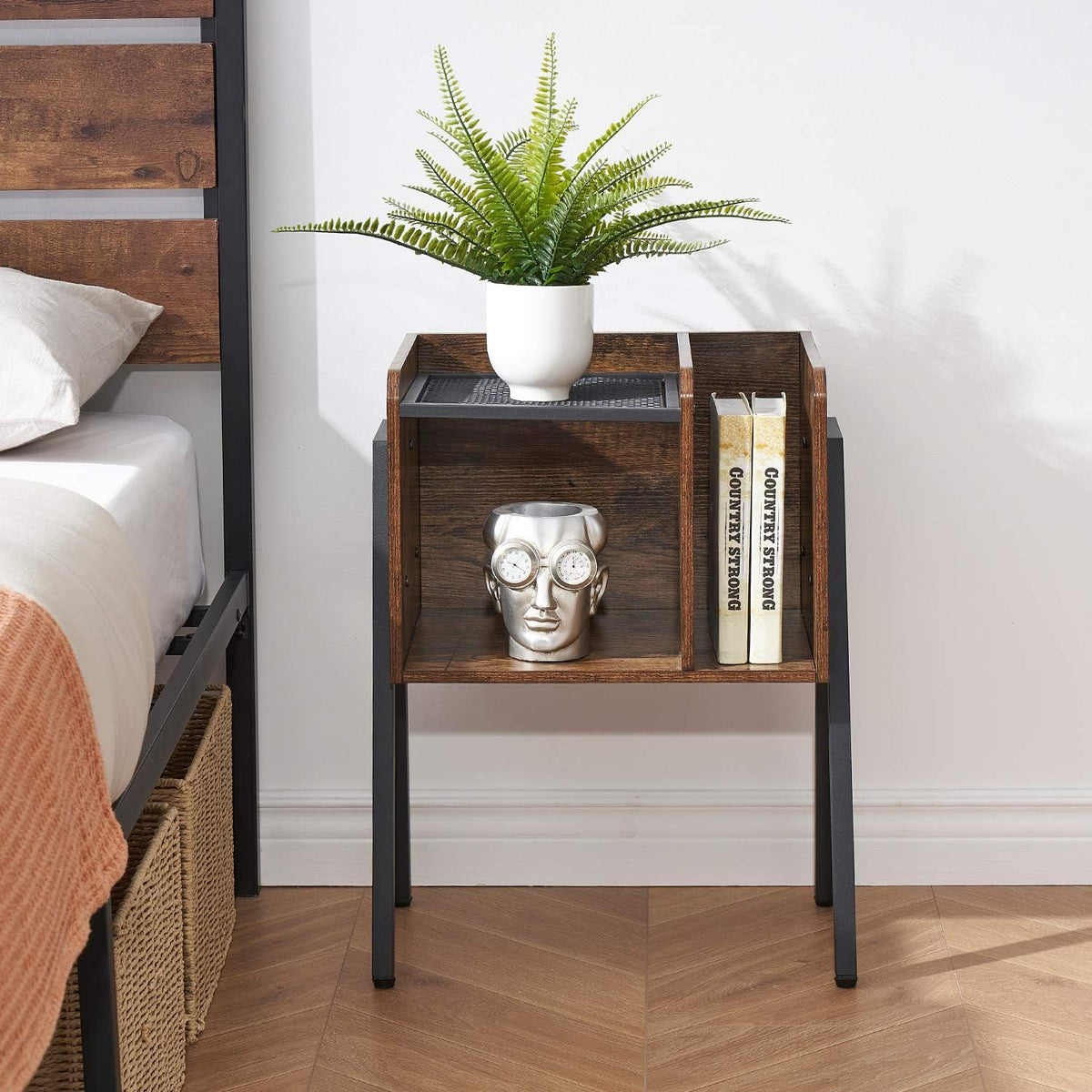 VECELO Night Stand Industrial End Table,Bedside Table with 2-Tier Open Storage Compartments,Wood Side Table with Metal Frame for Bedroom, Living Room and Small Spaces