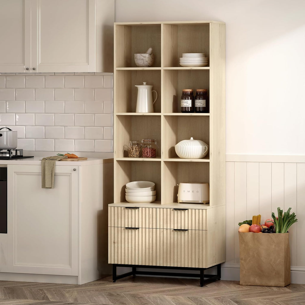 71" Tall Fluted Kitchen Pantry, Mid Century Modern Storage Cabinet with Drawers and Adjustable Shelves 6 Tier Display Bookshelf Cupboard for Dining Room Living Room Home Office, Light Oak