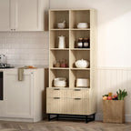 71" Tall Fluted Kitchen Pantry, Mid Century Modern Storage Cabinet with Drawers and Adjustable Shelves 6 Tier Display Bookshelf Cupboard for Dining Room Living Room Home Office, Light Oak