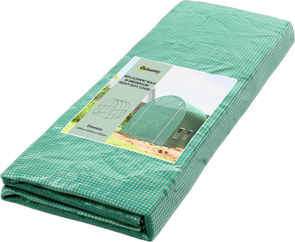 Outsunny 9.8' x 6.6' x 6.6' Plastic Greenhouse Cover Replacement, Heavy Duty Waterproof Tarp for Hoop House, Sheeting with 6 Windows, Door & Reinforcement Grid, Green
