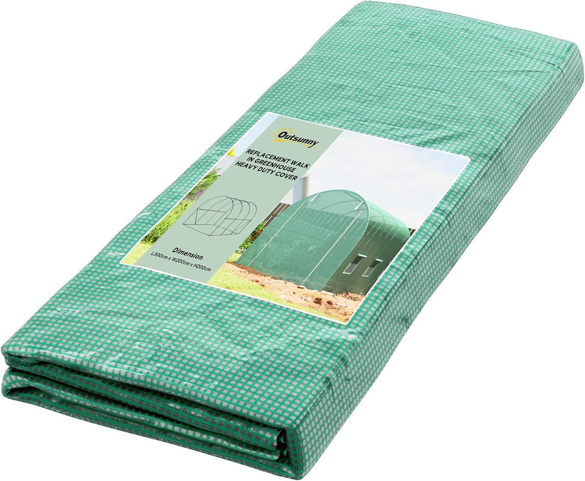 Outsunny 9.8' x 6.6' x 6.6' Plastic Greenhouse Cover Replacement, Heavy Duty Waterproof Tarp for Hoop House, Sheeting with 6 Windows, Door & Reinforcement Grid, Green