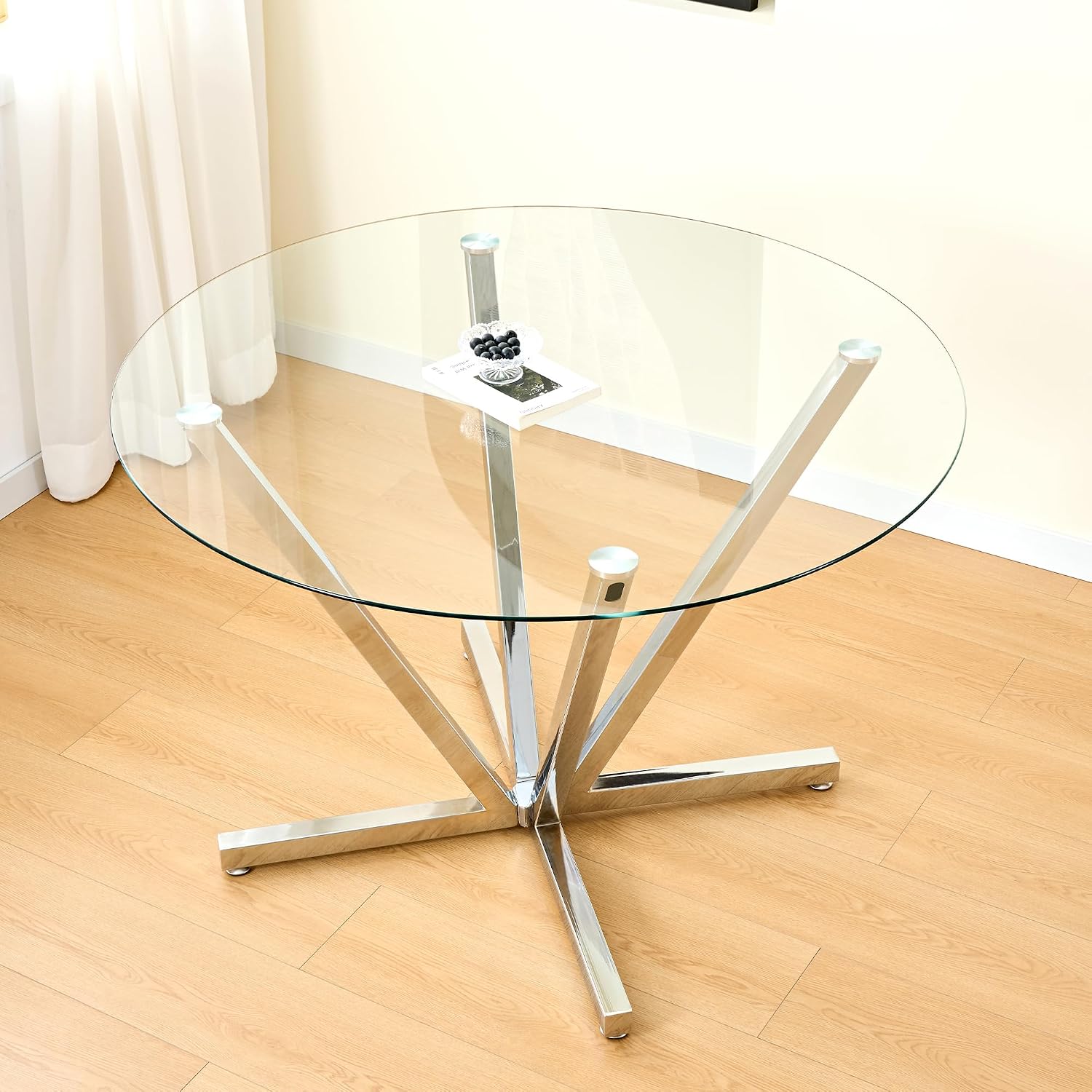 SSLine 45.2" Round Glass Dining Table for 4 Modern Circle Glass Tabletop Kitchen Table for 4 Luxury Dinner Tables with Silver Metal Legs for Home Kitchen Dining Room(Table Only)