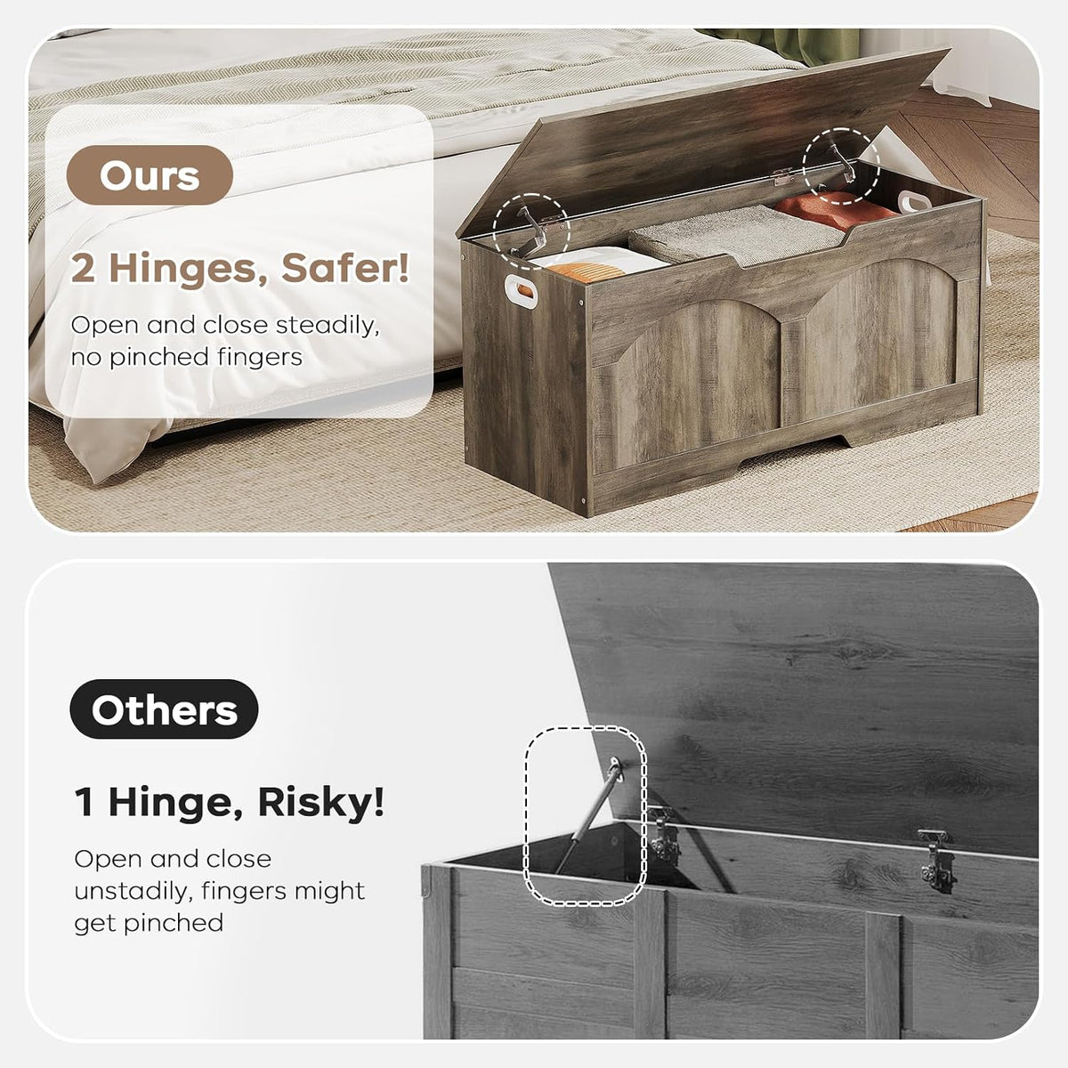 39.4" Storage Chest, Retro Storage Bench, Storage Trunk with 2 Safety Hinges, Large Entryway Bench Box, 39.4 x 15.7 x 18.3 Inches, U-Shaped Opening for Entryway Hallway Living Room, Light Greige