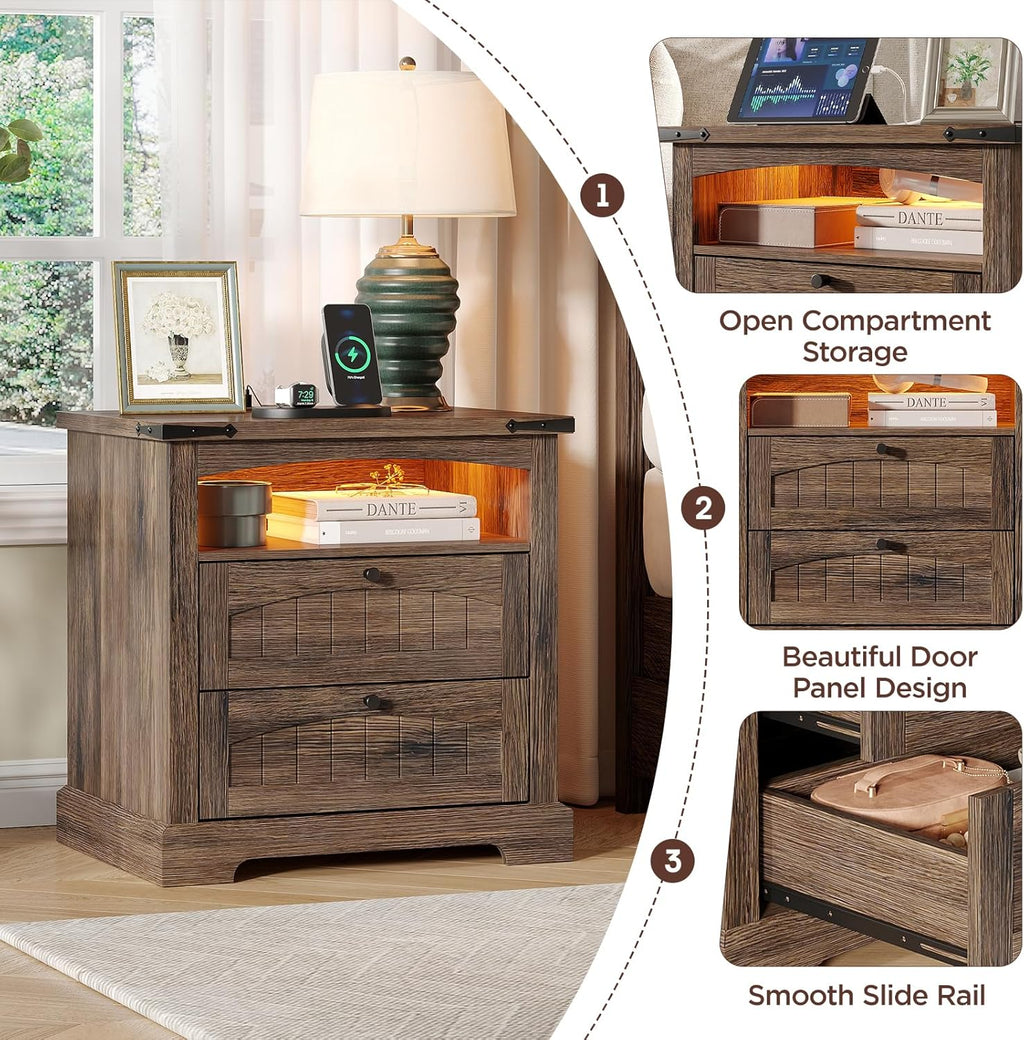 Vabches Nightstand with Charging Station and LED Lights, Vintage End Table with 2 Drawers, Wood Rustic Sofa Side Table with Open Storage Shelf for Bedroom, Living Room, Dark Brown